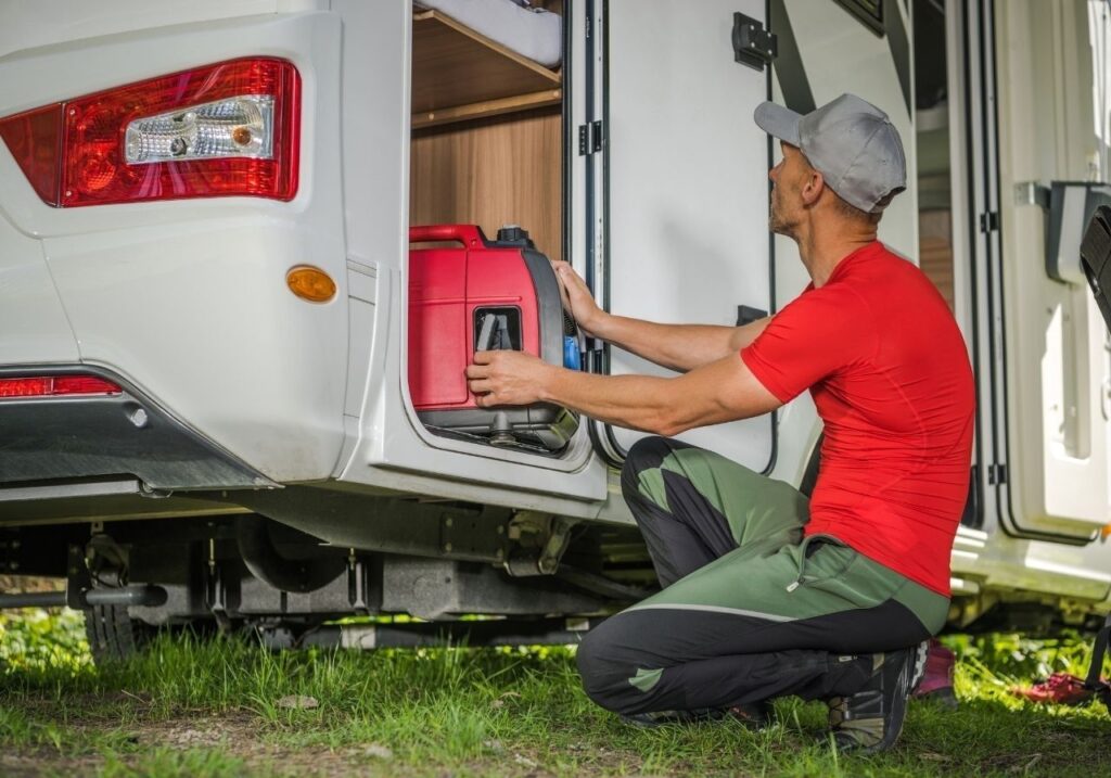 Close-up of RV generator system being diagnosed for power issue in customer driveway