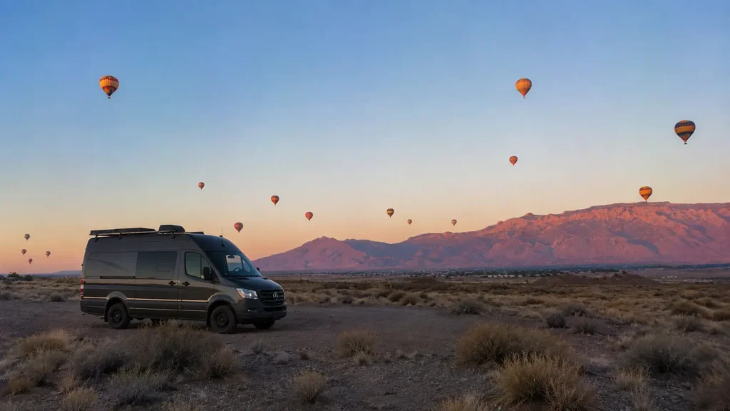 Class C motorhome parked in Albuquerque desert with colorful hot air balloons rising over the Sandia Mountains at dawn