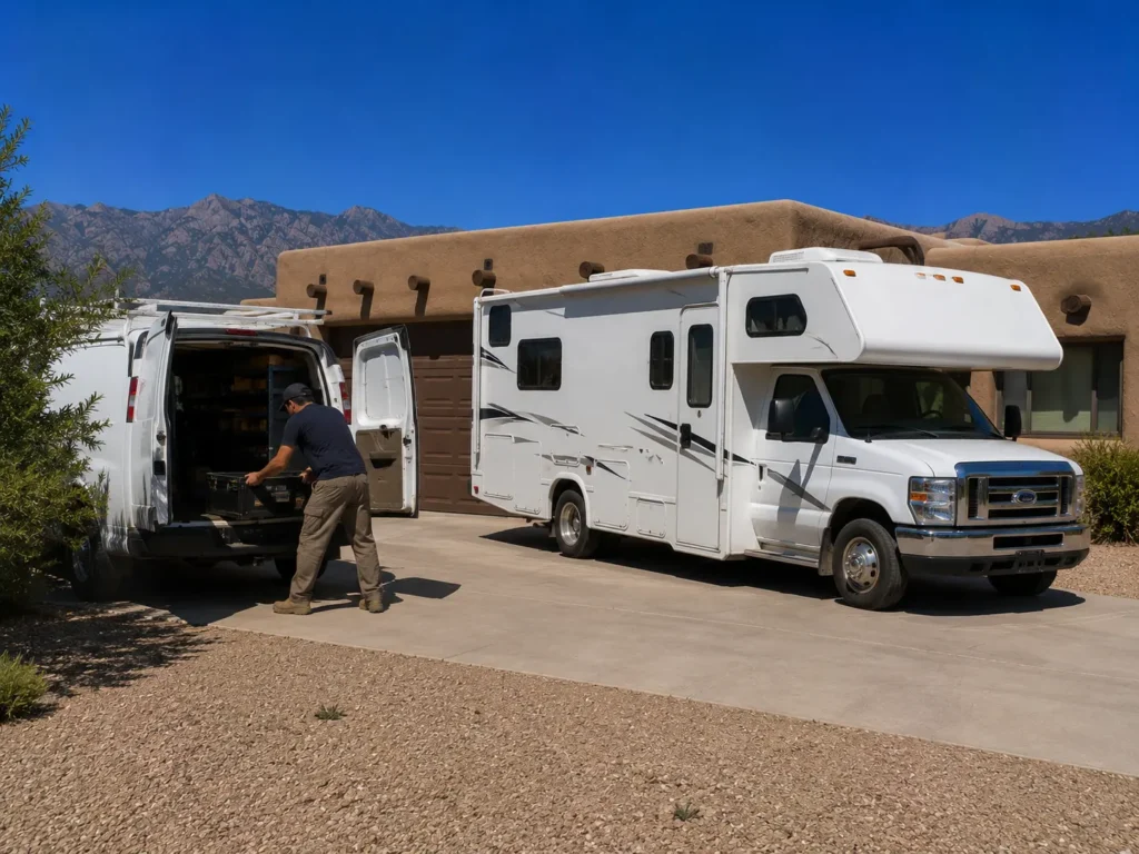 Mobile RV repair technician unloading toolbox from work van next to Class C motorhome in Albuquerque adobe neighborhood