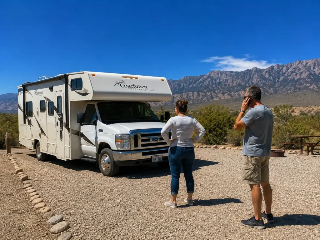 Couple next to broken down motorhome at New Mexico campground calling for emergency RV repair