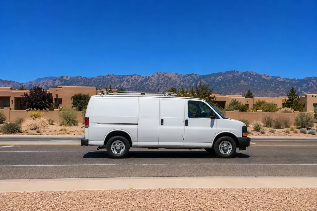 Plain white mobile RV repair service van driving on flat Albuquerque suburban road with Sandia Mountains in background