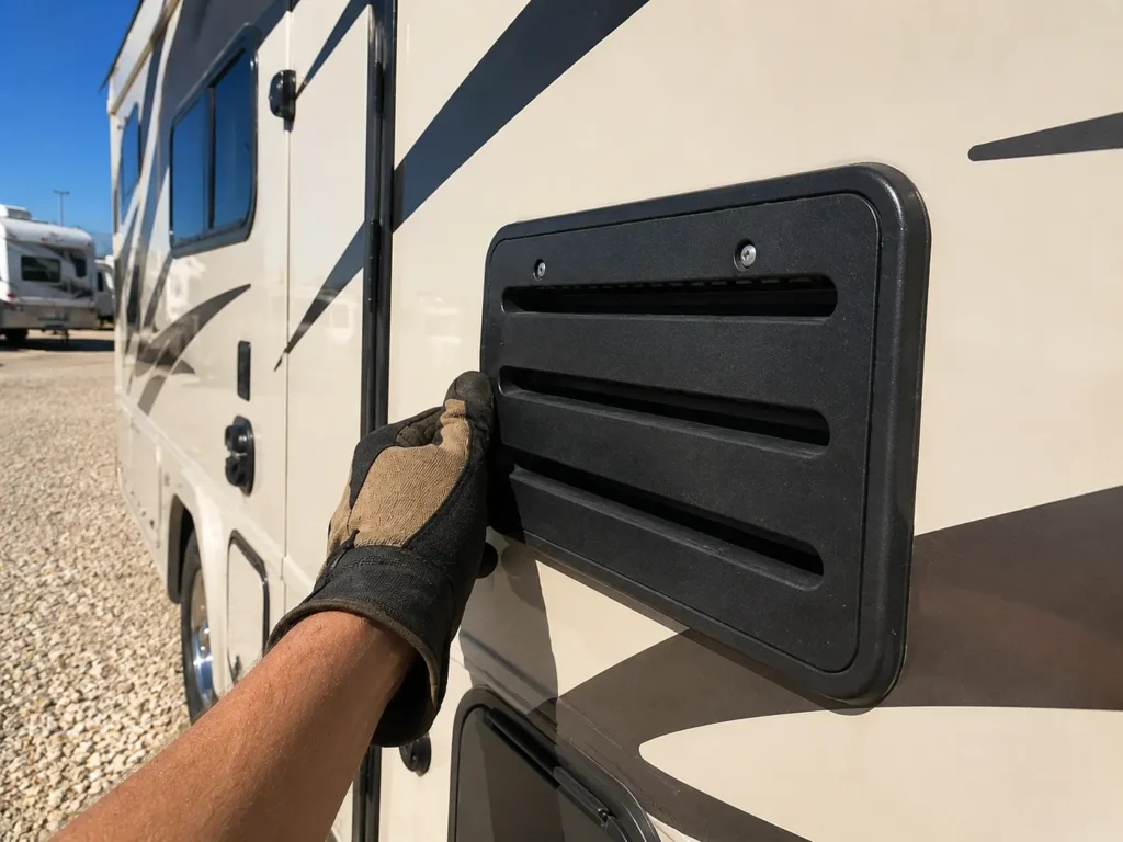 Gloved hand inspecting Dometic exterior refrigerator vent on RV siding Albuquerque mobile RV appliance repair