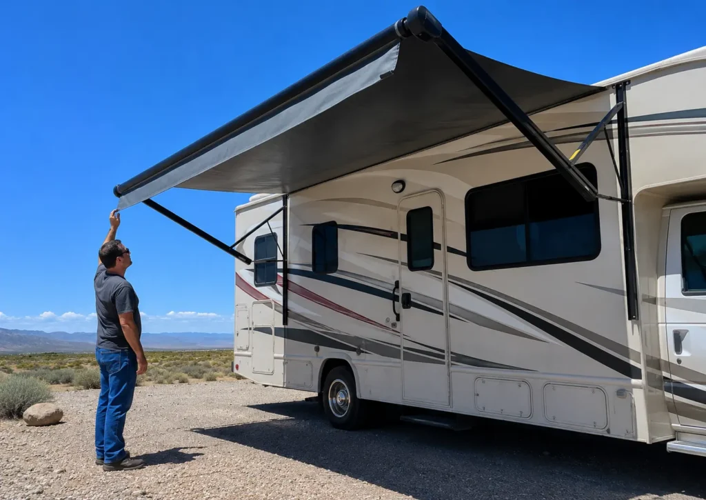 Mobile RV technician inspecting extended awning on Class C motorhome in Albuquerque driveway with Sandia Mountains RV awning repair service