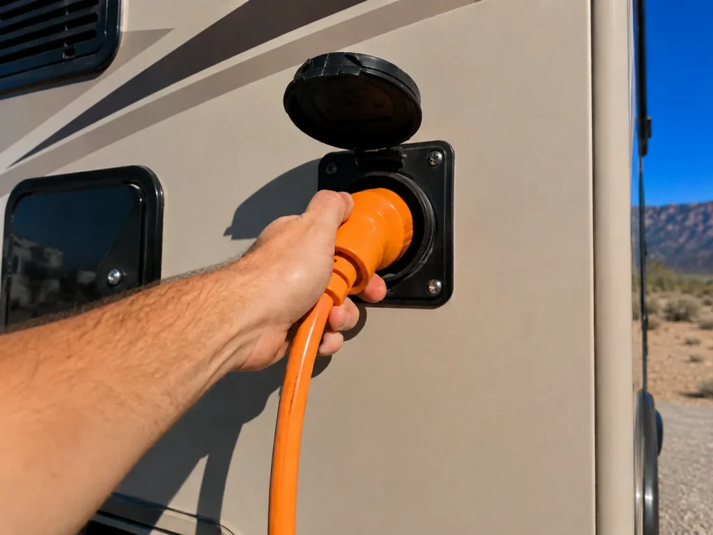 Bare hand plugging 30-amp shore power cord into RV exterior electrical inlet mobile RV electrical system repair Albuquerque NM