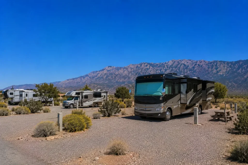 Multiple RVs parked at flat New Mexico desert RV resort with Sandia Mountains on horizon Albuquerque RV park repair service