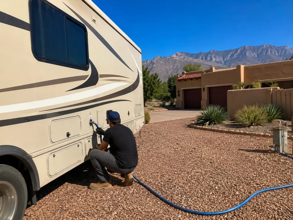 Technician connecting fresh water hose to RV exterior inlet at desert campsite Albuquerque mobile RV plumbing repair