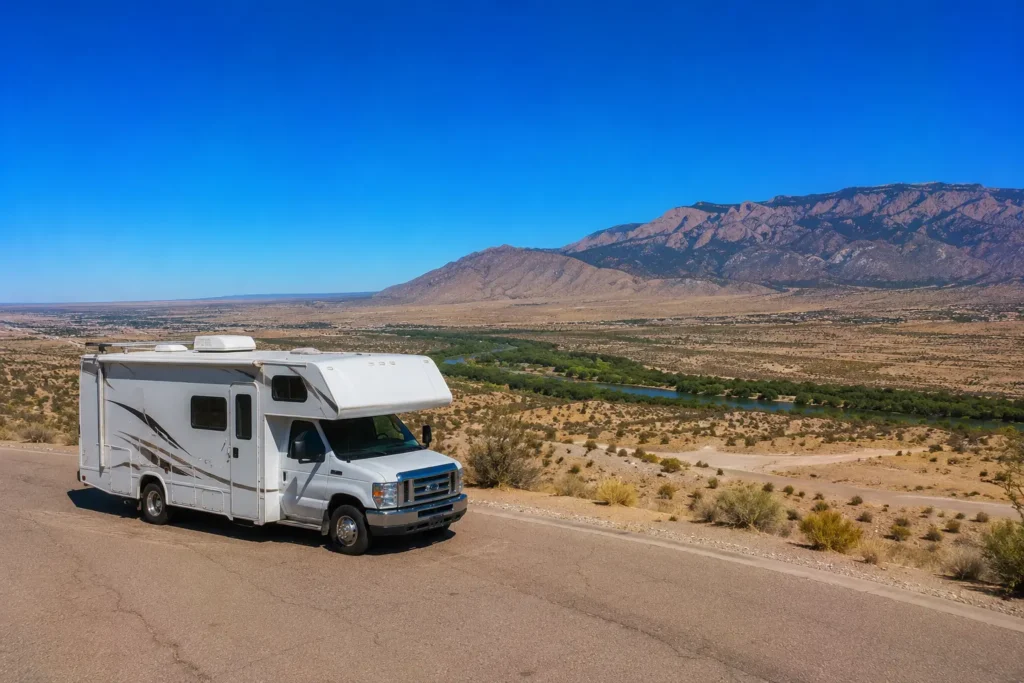 Class C motorhome parked overlooking Rio Grande valley with Sandia Mountains mobile RV repair serving Albuquerque NM