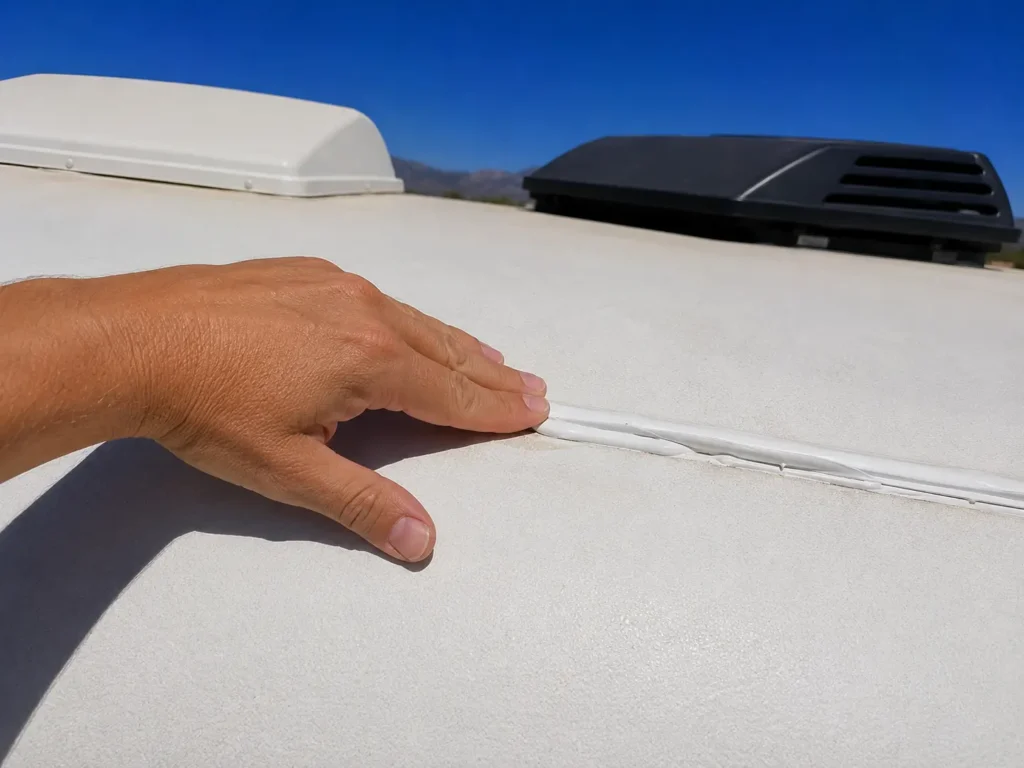 Hand applying sealant along seam on white RV rooftop against blue New Mexico sky Albuquerque roof leak repair