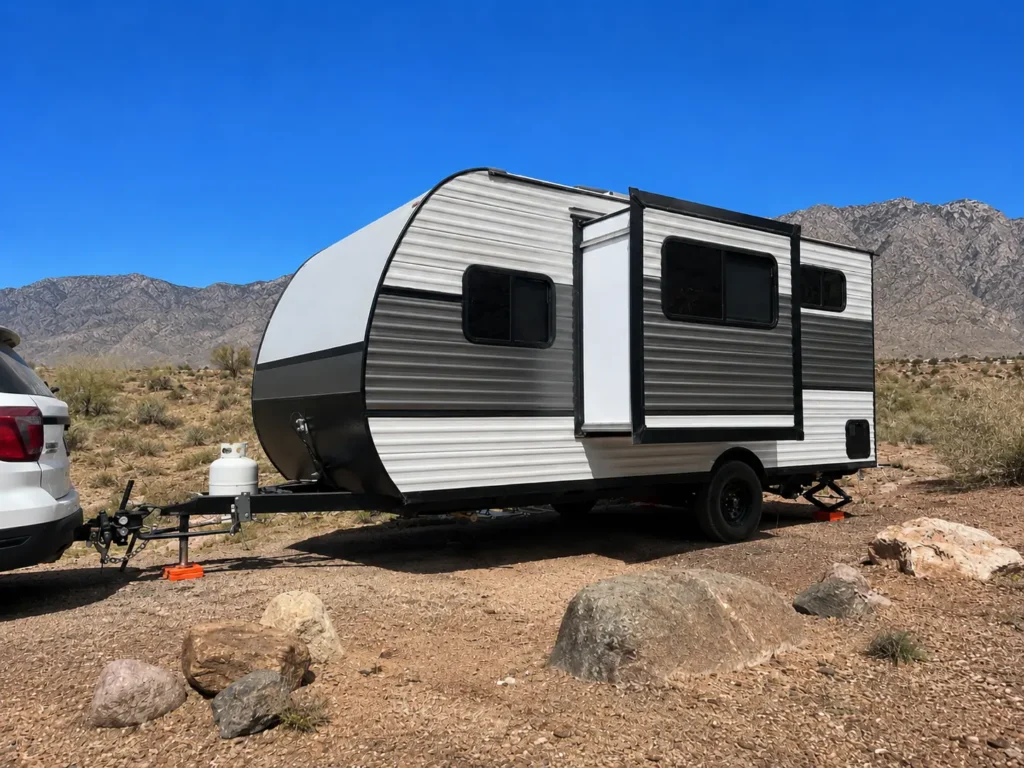 Fifth wheel travel trailer with slide-out fully extended at New Mexico desert campsite with Sandia Mountains mobile RV slide-out repair Albuquerque