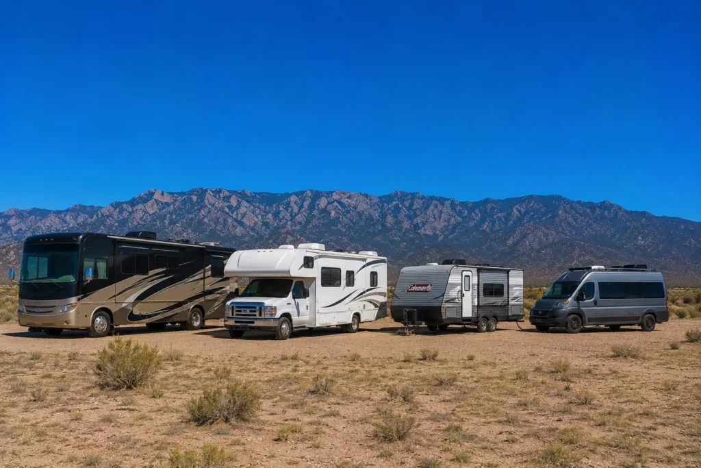 Motorhomes and travel trailers parked in New Mexico desert landscape