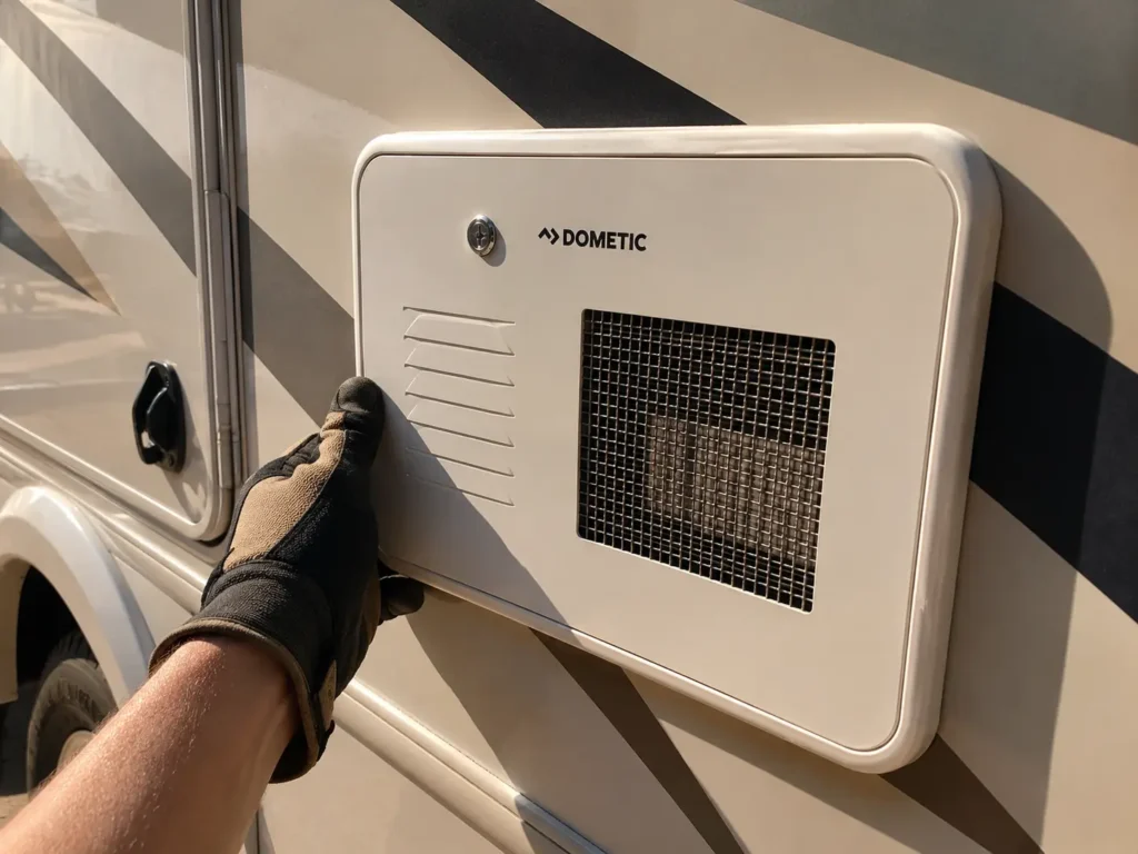 Bare hand inspecting exterior water heater access panel on RV Albuquerque mobile RV water heater repair service